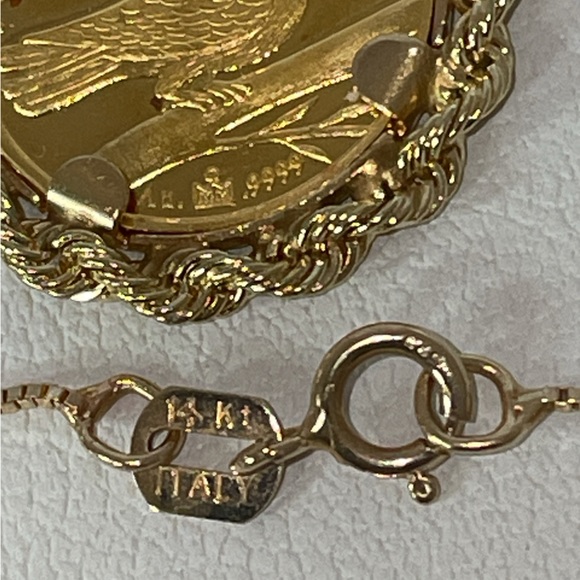 Solid 24K Yellow Gold Coin Raphael Angel & 14K Bezel Pendant Neck Chain Necklace - Picture 15 of 15